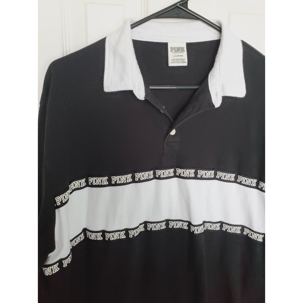 PINK Victoria's Secret Rugby Shirt Black White Logo Stripe Long Sleeve Polo L